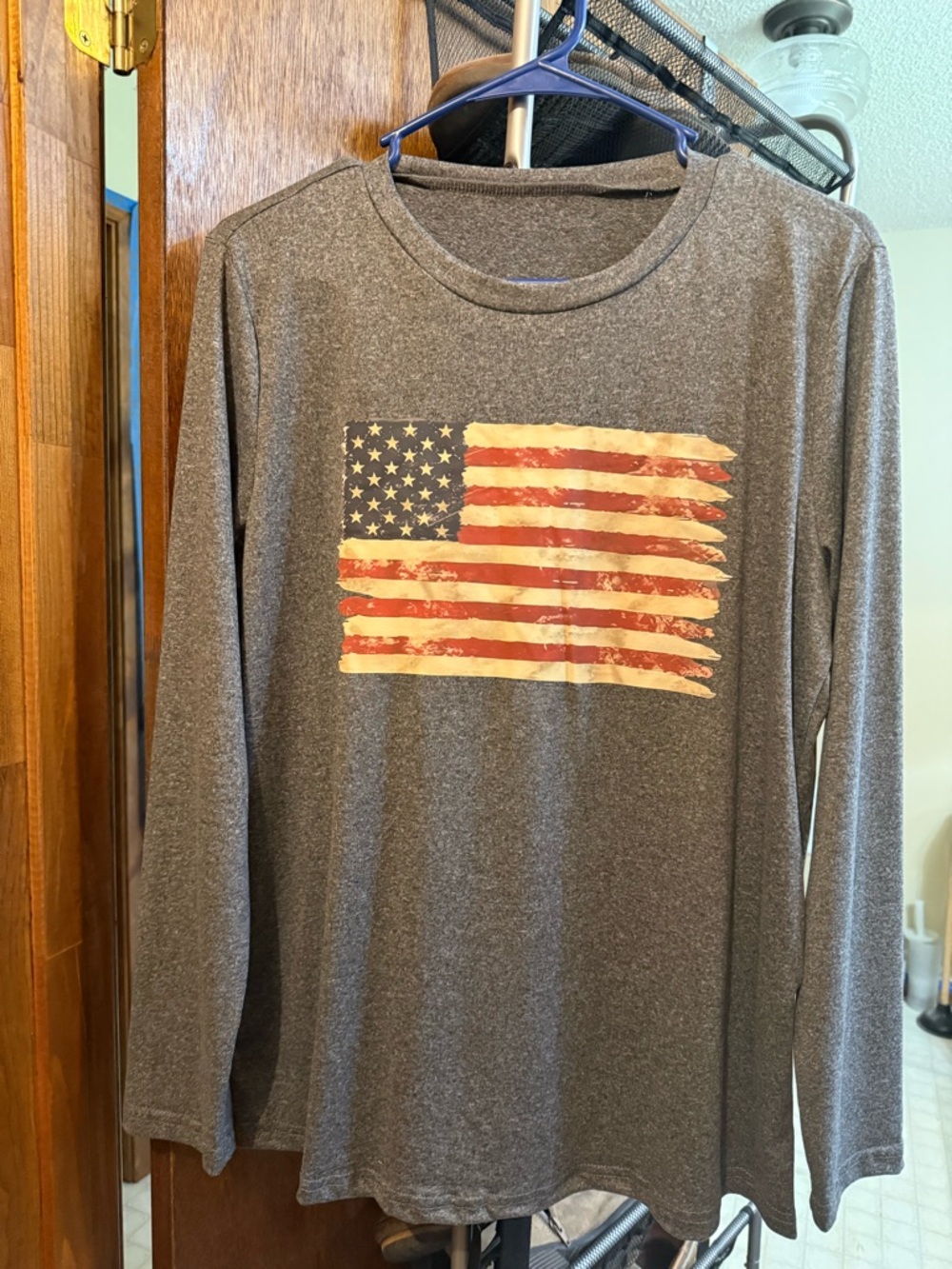 SHEIN Gray Long Sleeve Tee with Distressed American Flag
